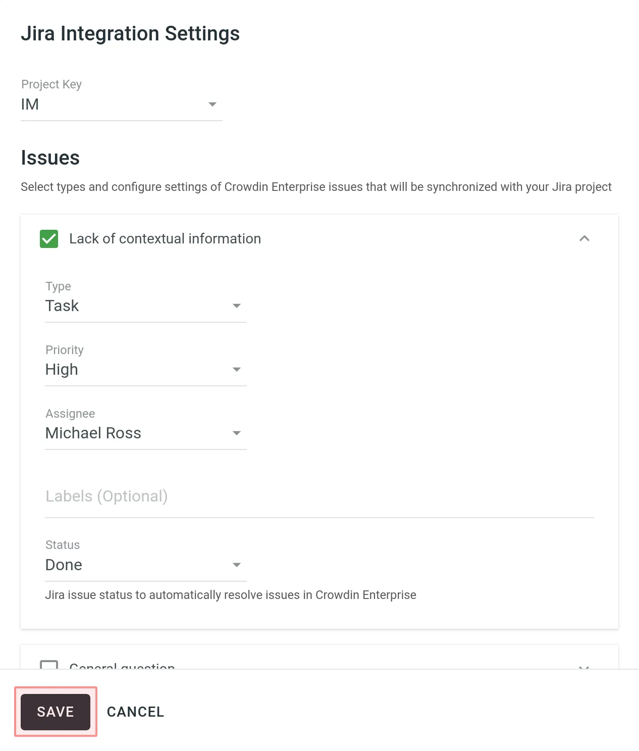 Jira Integration settings